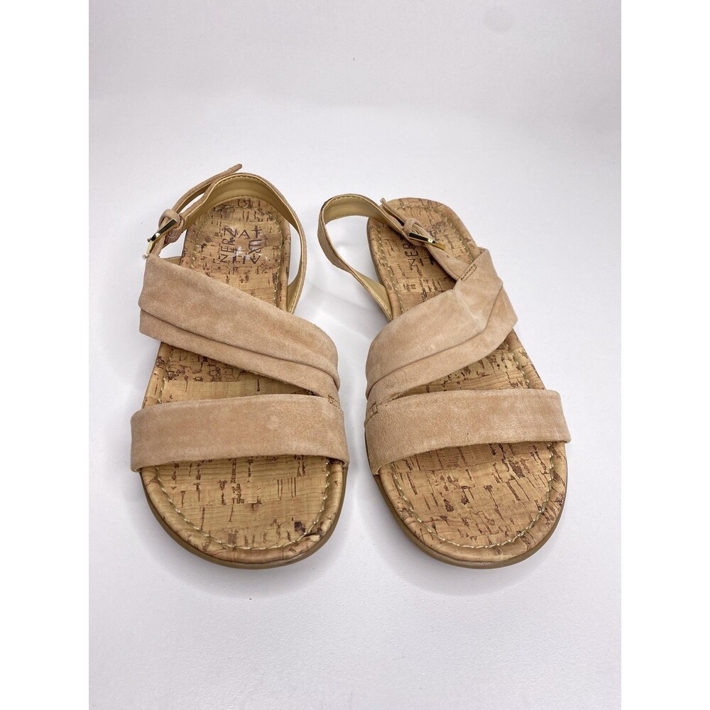 Naturalizer Sandals Womens 8.5 Beige Suede Slingback Strappy Flat Cork Footbed